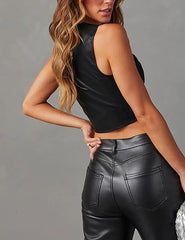Black Faux Leather Vest back side-Women