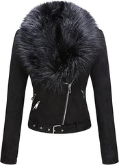 Black Faux  fur Leather Coat-Women