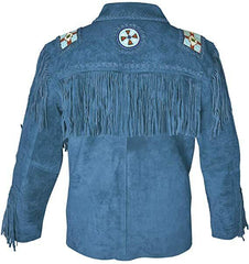 Blue Western Suede Fringe Coats