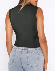 Women Black Leather Vest back side