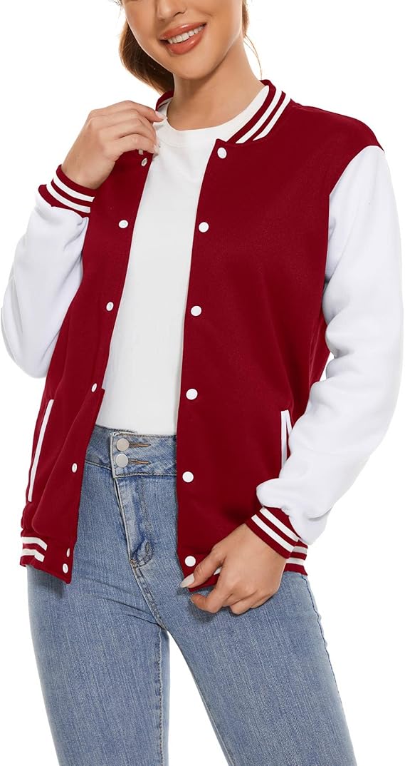 maroon women varsity jacket with white sleeves