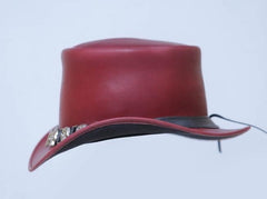 Maroon Leather Cowboy Hat with Skull band 
