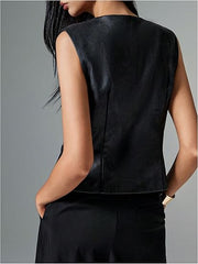 Women Faux Leather Vest Black 