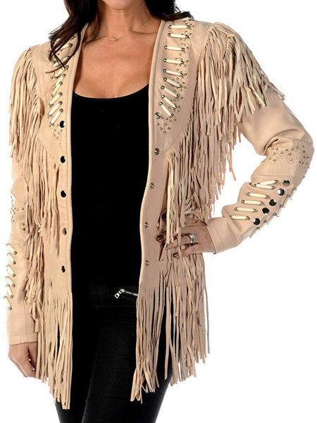 women fringed suede jacket baige